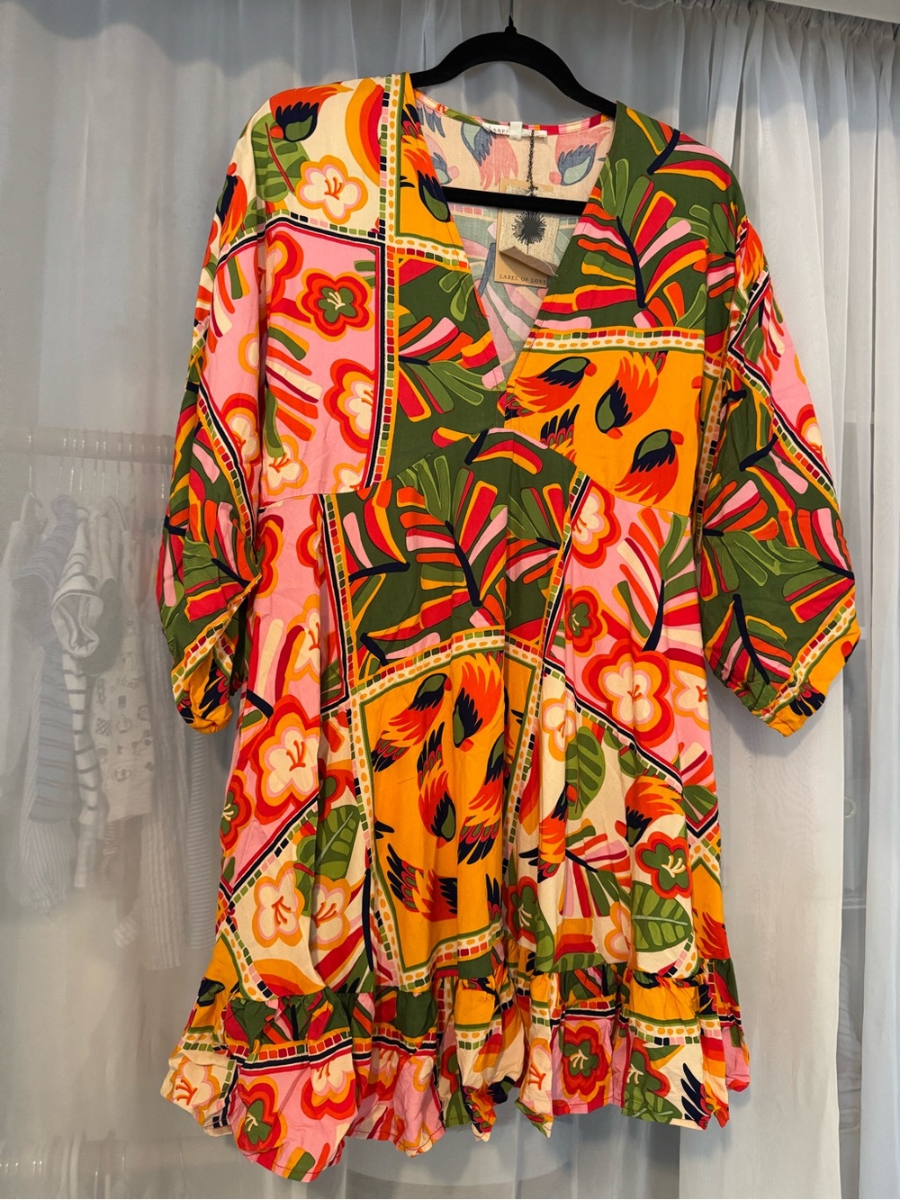 Floral Tropical Patchwork V-Neck Mini Dress -3/4 sleeves